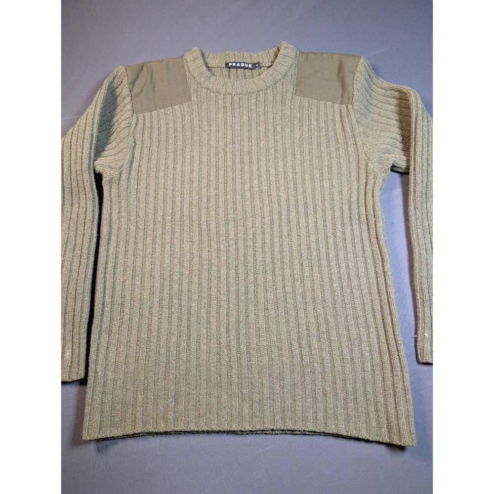 Prague Military Sweater Olive Green Shoulder Patches Mens 100% Wool Ribbed  Med
